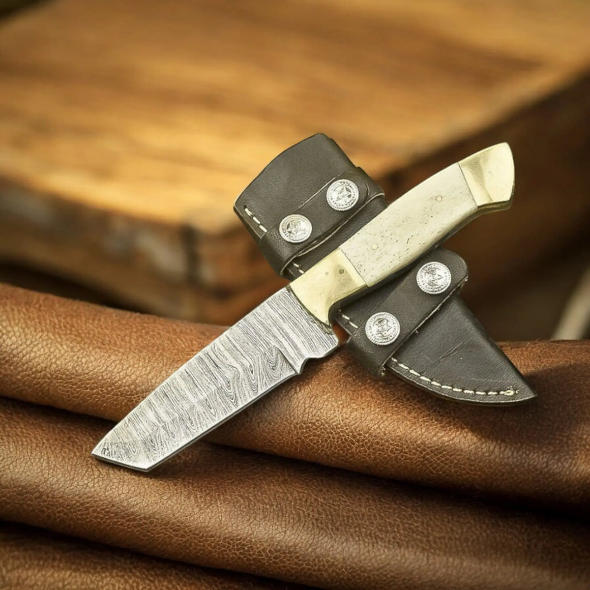 Traditional Cowboy Damascus Tanto Knife with Bone Handle & Leather Sheath | Arham Cutlery - Arham Cutlery