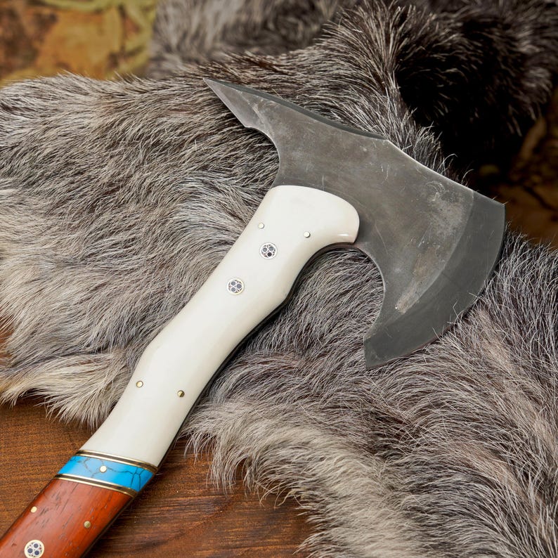 Custom Bushcraft Hatchet with Paddock Wood Handle | Handmade 1095 Steel Outdoor Axe with Leather Sheath Arham Cutlery