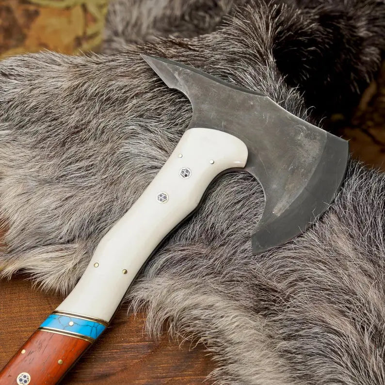 Custom Bushcraft Hatchet with Paddock Wood Handle | Handmade 1095 Steel Outdoor Axe with Leather Sheath Arham Cutlery