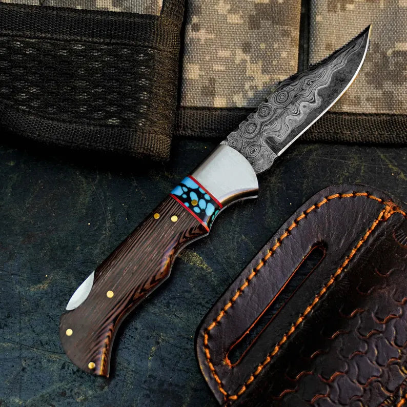 Handmade Damascus Pocket Knife with Wenge Wood Handle Arham Cutlery