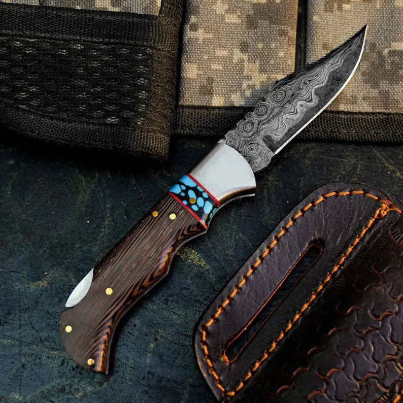 Handmade Damascus Pocket Knife with Wenge Wood Handle Arham Cutlery