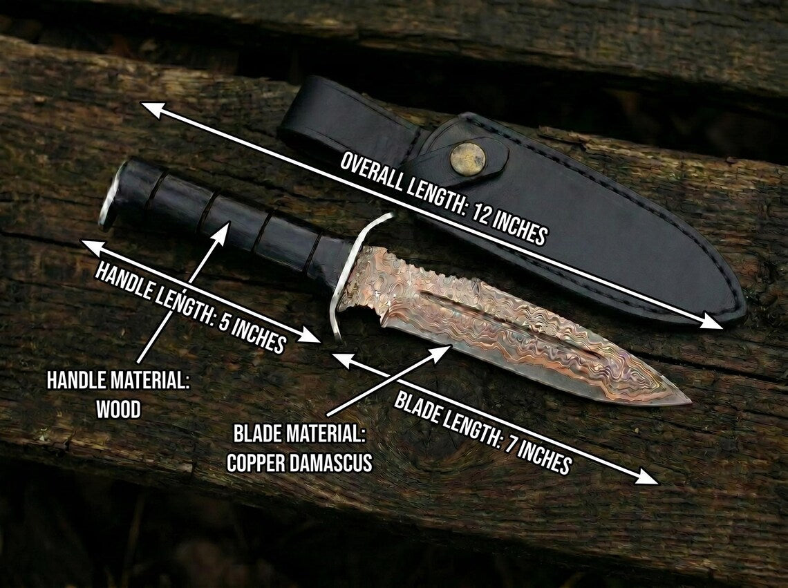 Custom Copper Damascus Fixed Blade Knife – Handmade Wooden Handle Hunting Knife with Leather Sheath Arham Cutlery