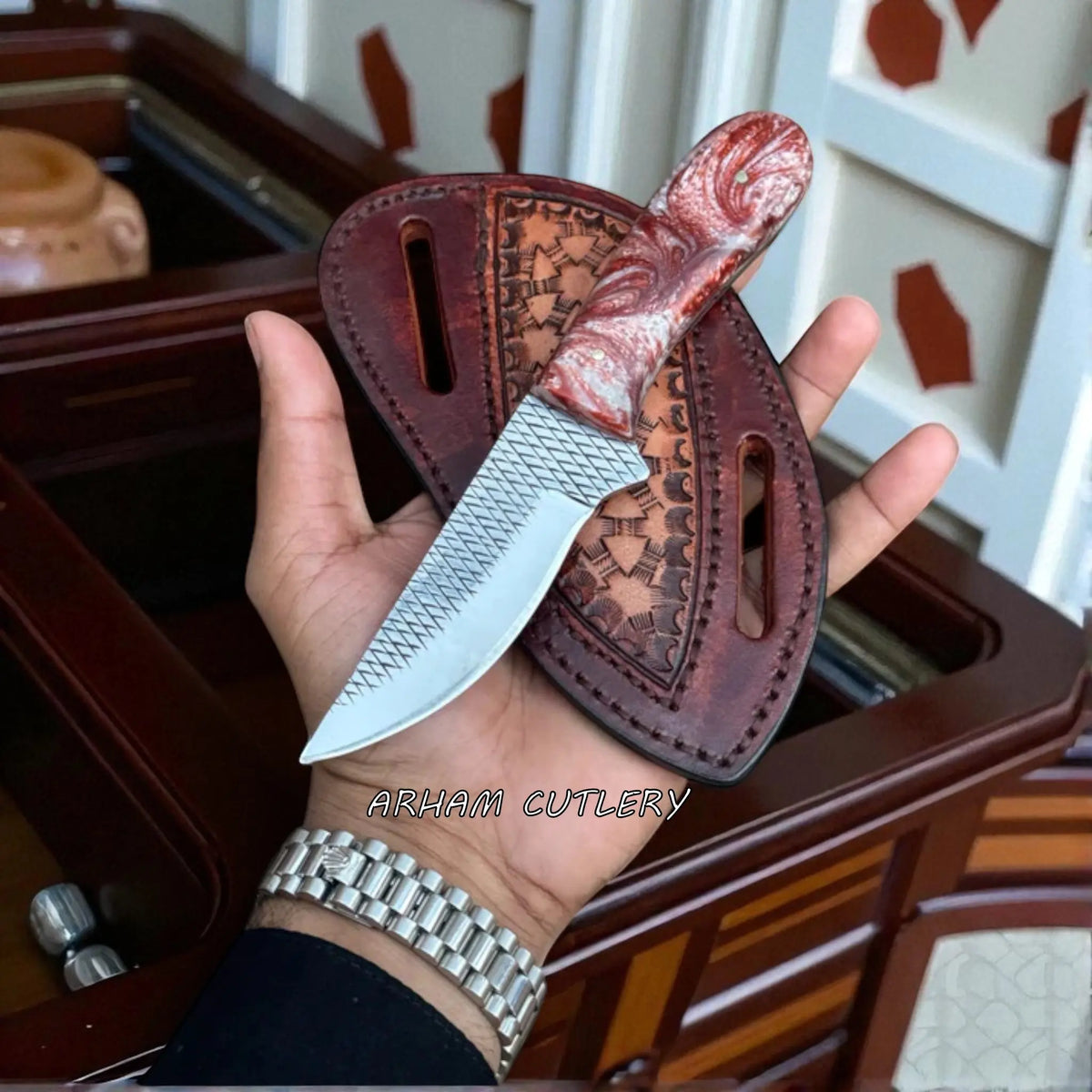 Arham Ember Claw handmade compact knife with red resin handle and rasp file blade in leather sheath