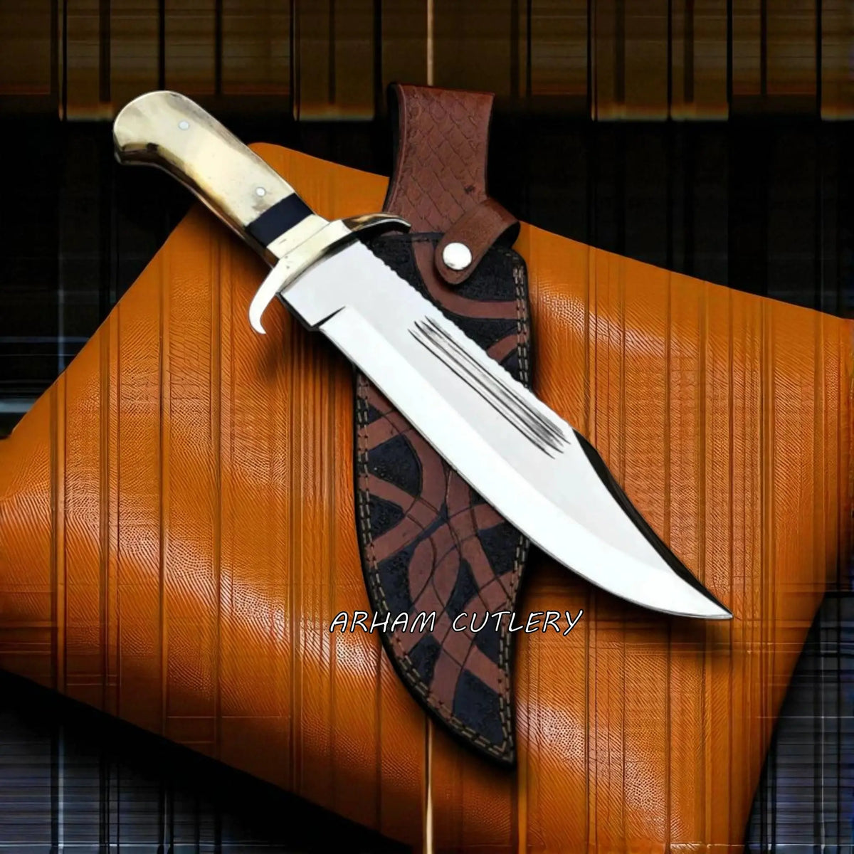 Arham Predator-X handmade Bowie hunting knife with camel bone handle and custom leather sheath by Arham Cutlery