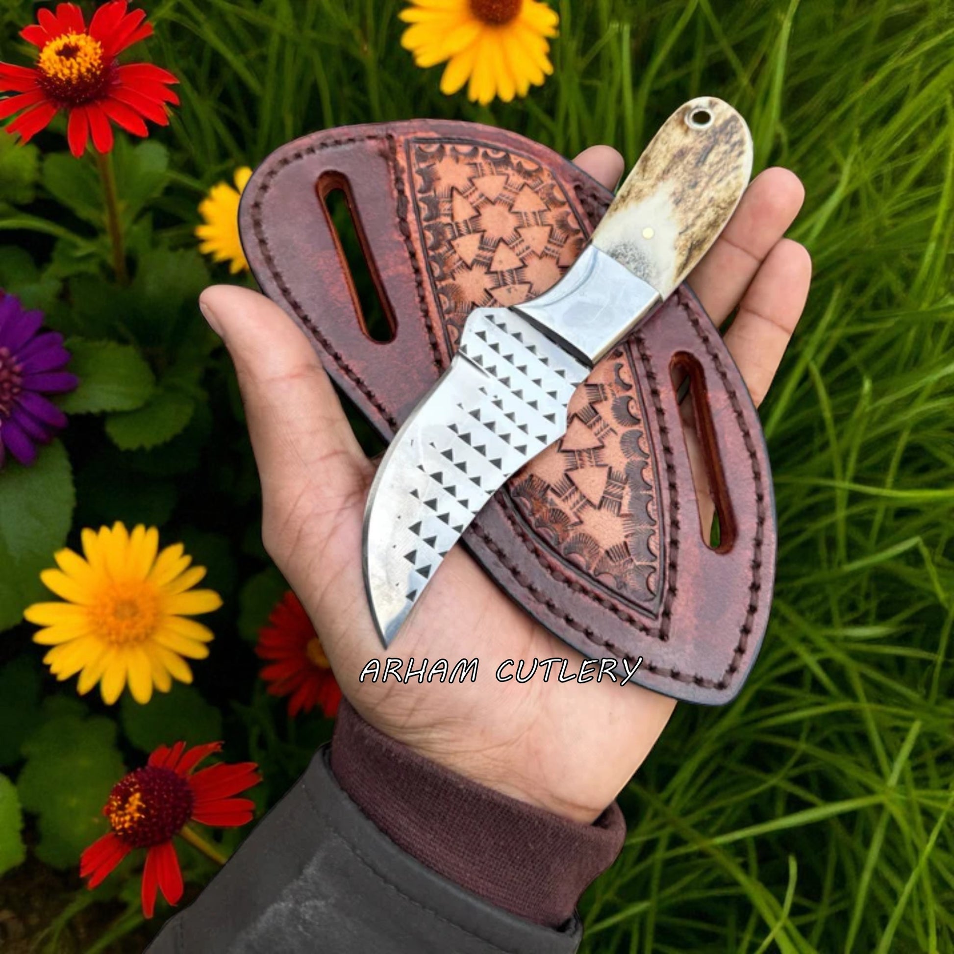 Arham Trail Fang handmade skinner knife with rasp file blade and stag horn handle in custom leather sheath