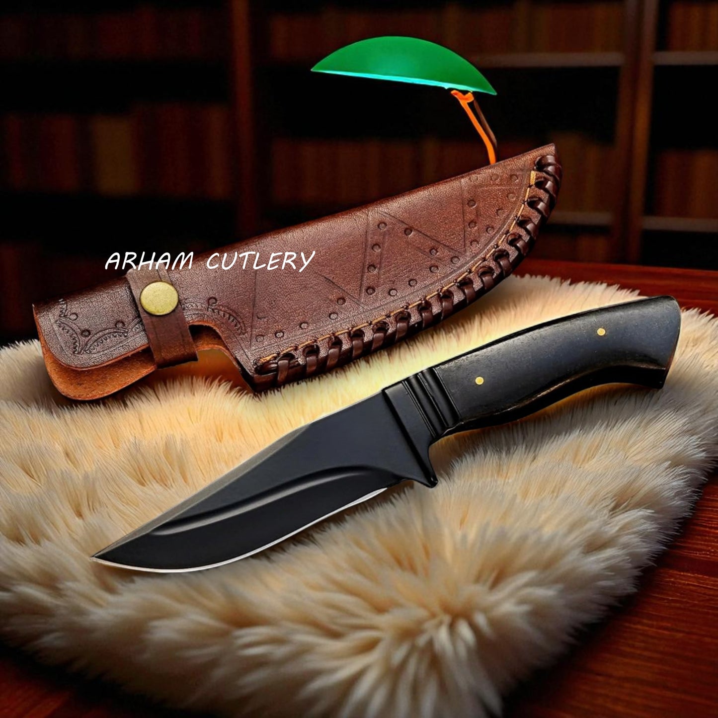 Black Phantom Tactical Knife with Stainless Steel Blade, Micarta Handle, and Leather Sheath by Arham Cutlery