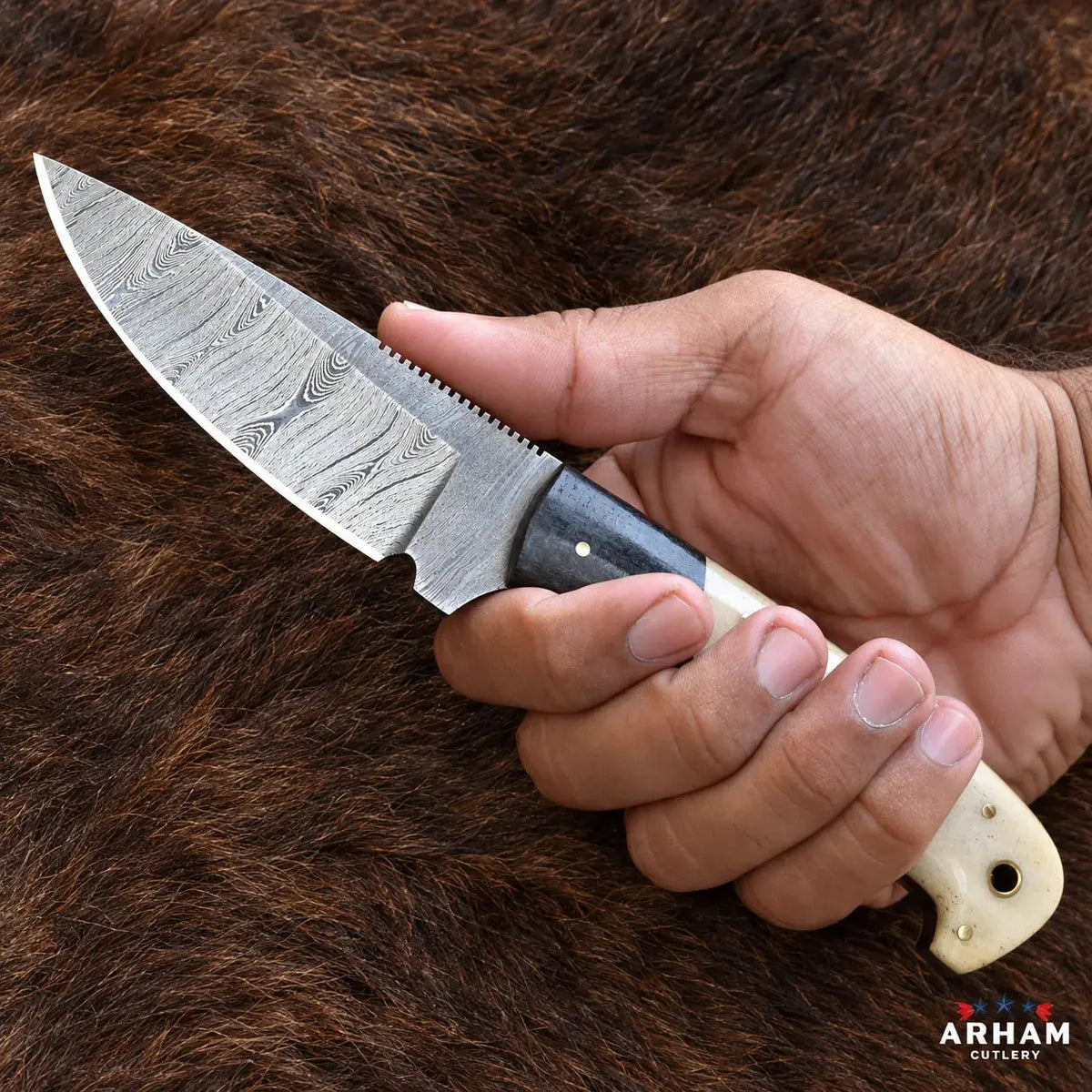 Boneforge Blackcrest Damascus Hunting Knife – Bone & Micarta Handle Arham Cutlery