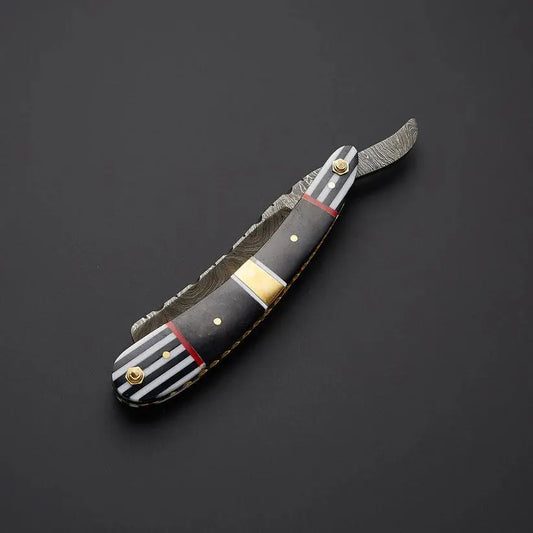 Custom Handmade Damascus Steel Straight Razor – Twist Pattern Blade, Bone & Wood Handle, Leather Sheath Included - Arham Cutlery