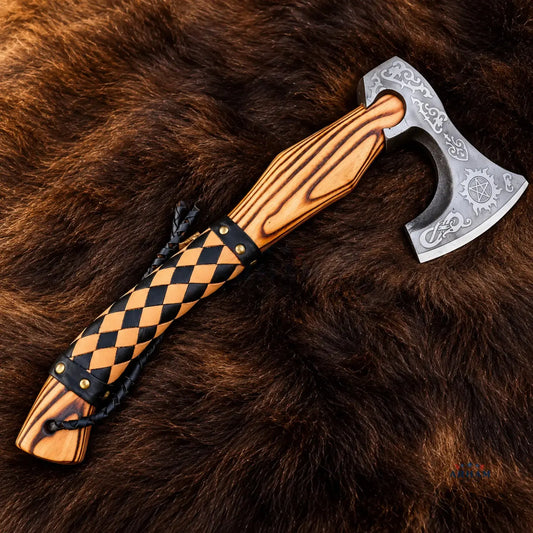 Ashwood Wolfcrest Hand-Forged Viking Axe – Carbon Steel & Ash Wood Handle Arham Cutlery