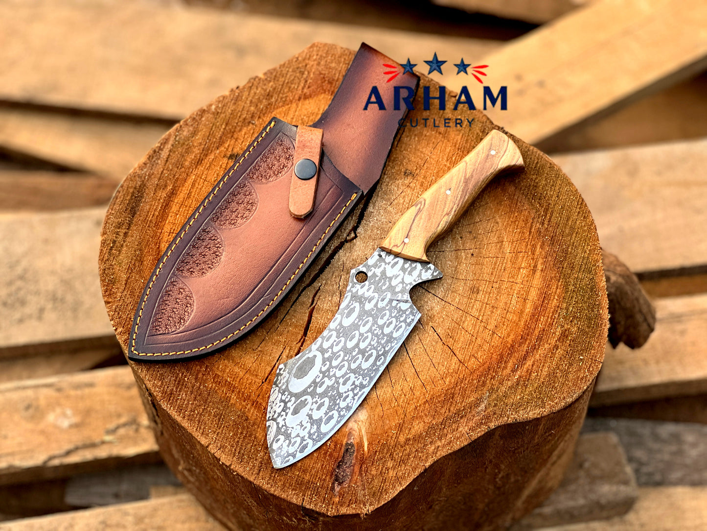 Handmade 11" D2 Steel Hunting Knife – Olive Wood Handle, Etched Blade & Leather Sheath | ARHAM CUTLERY