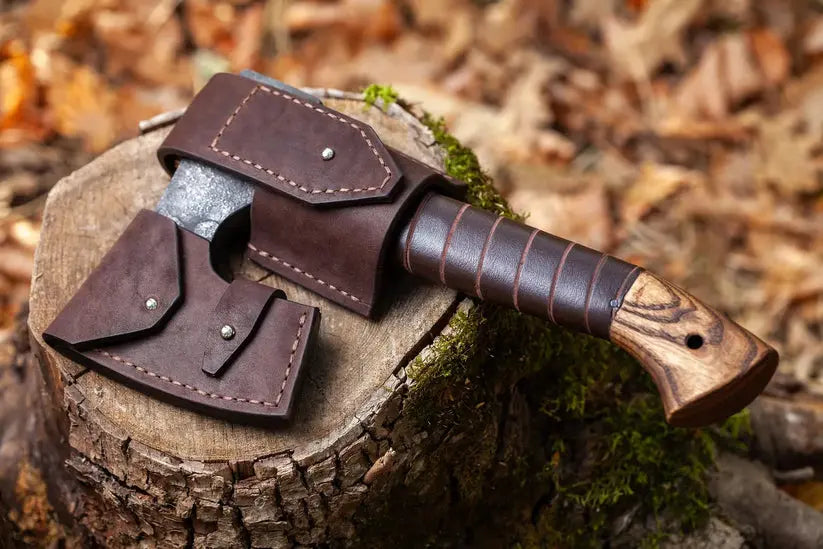 Mini Scandinavian Bearded Hatchet – Handmade 1066 Carbon Steel Viking Camp Axe with Leather Cover Arham Cutlery