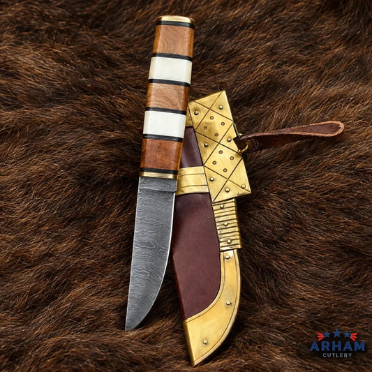 Bonewood Norsecrest Viking Seax Knife – Damascus Steel Wood & Bone Handle Arham Cutlery