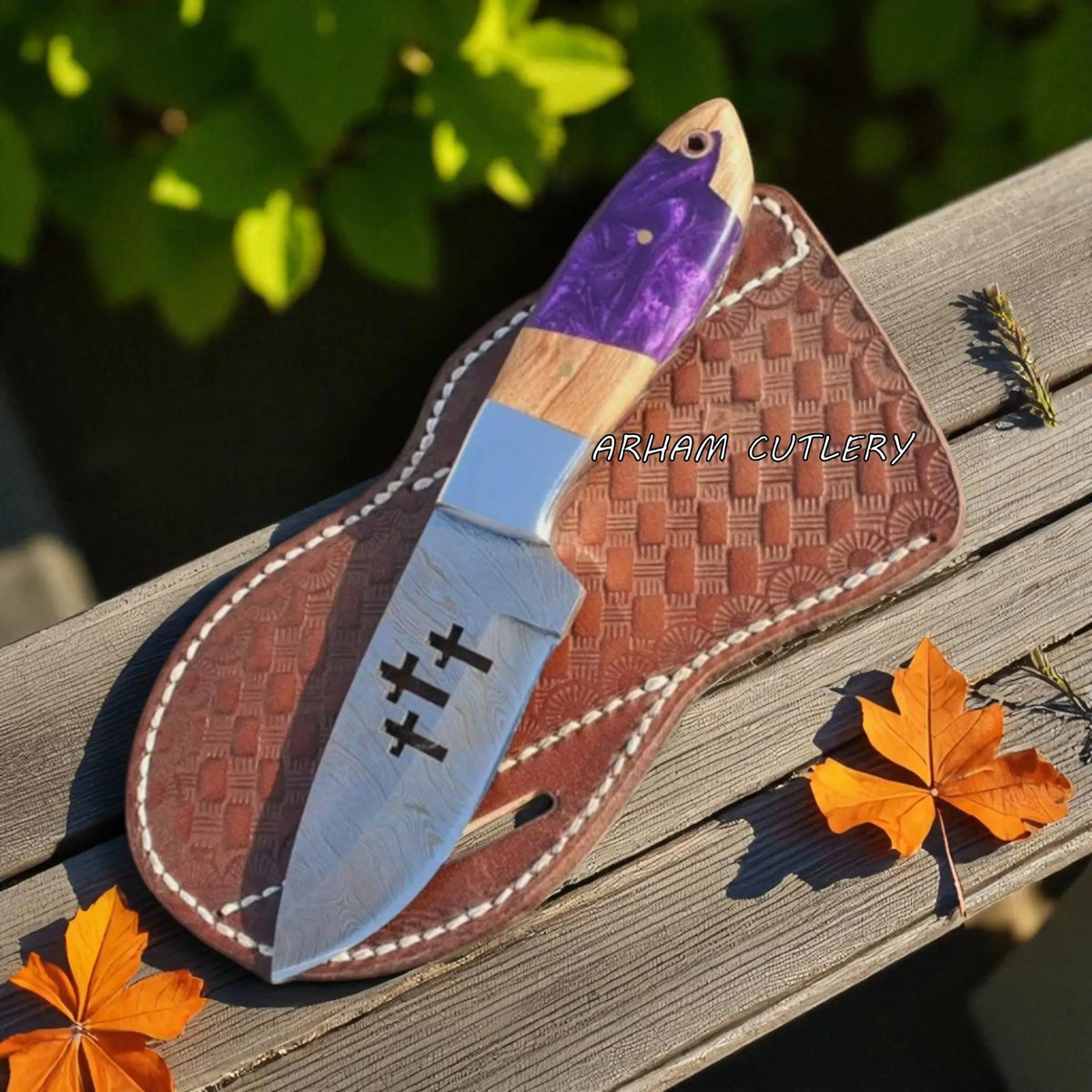 Crimson Crest Skinner Knife – 9" Damascus Steel Blade with Purple Resin Handle | Arham Cutlery - Arham Cutlery