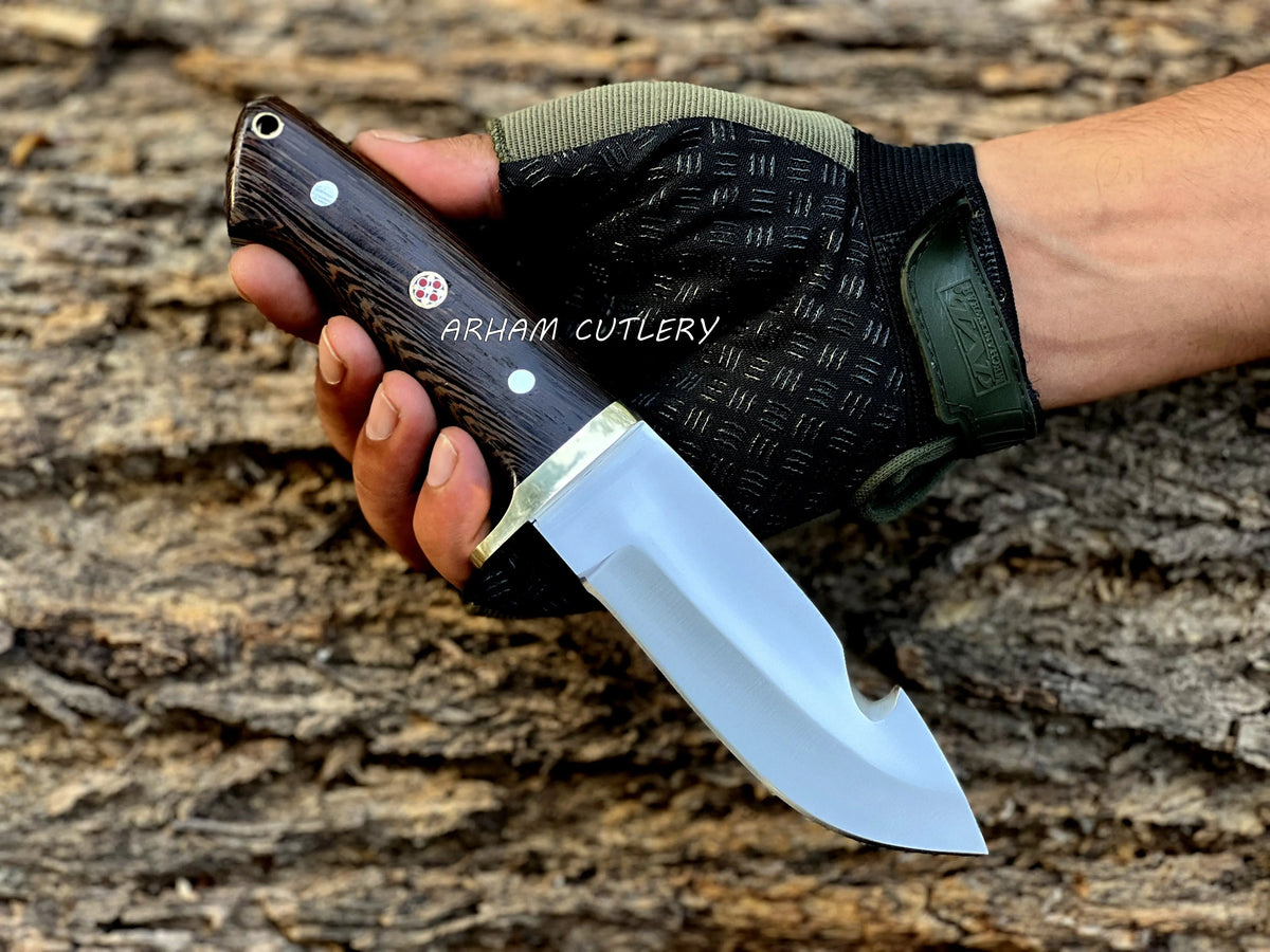 Custom D2 Steel Gut Hook Knife with Wenge Wood Handle & Leather Sheath - Arham Cutlery
