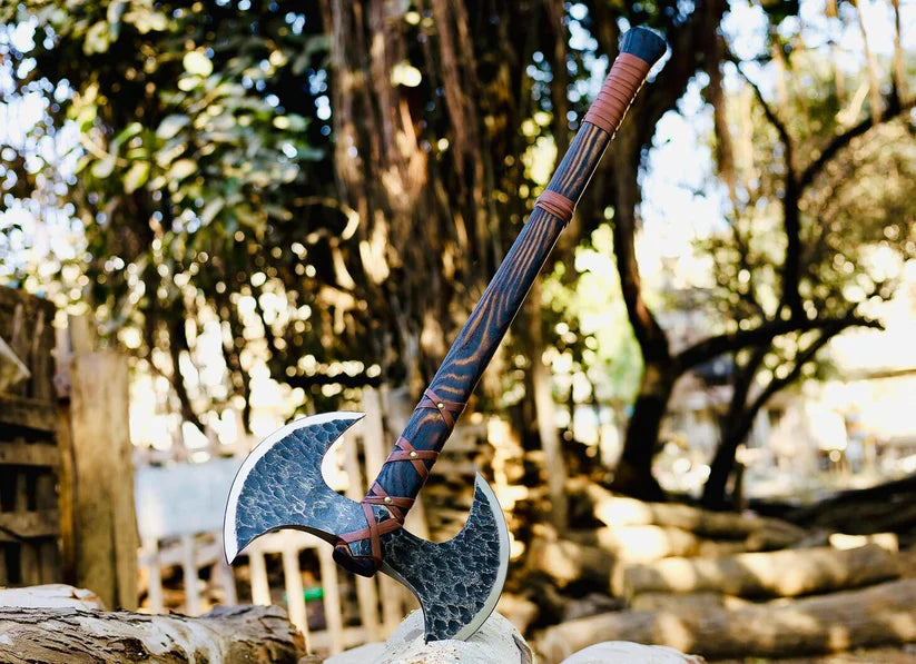 Custom Handmade Viking Battle Axe – Forged Double Head Axe with Wood Handle & Leather Wrap Arham Cutlery