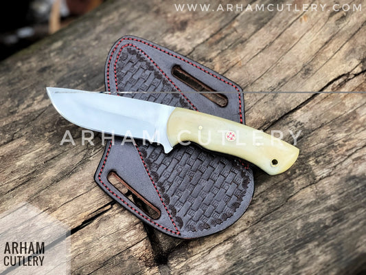 Winter's Wrath Handmade D2 Steel 9" Handmade Fixed Blade With Cowhide Leather Sheath , Camel Bone Knife , Best Gift For Hunter Arham Cutlery
