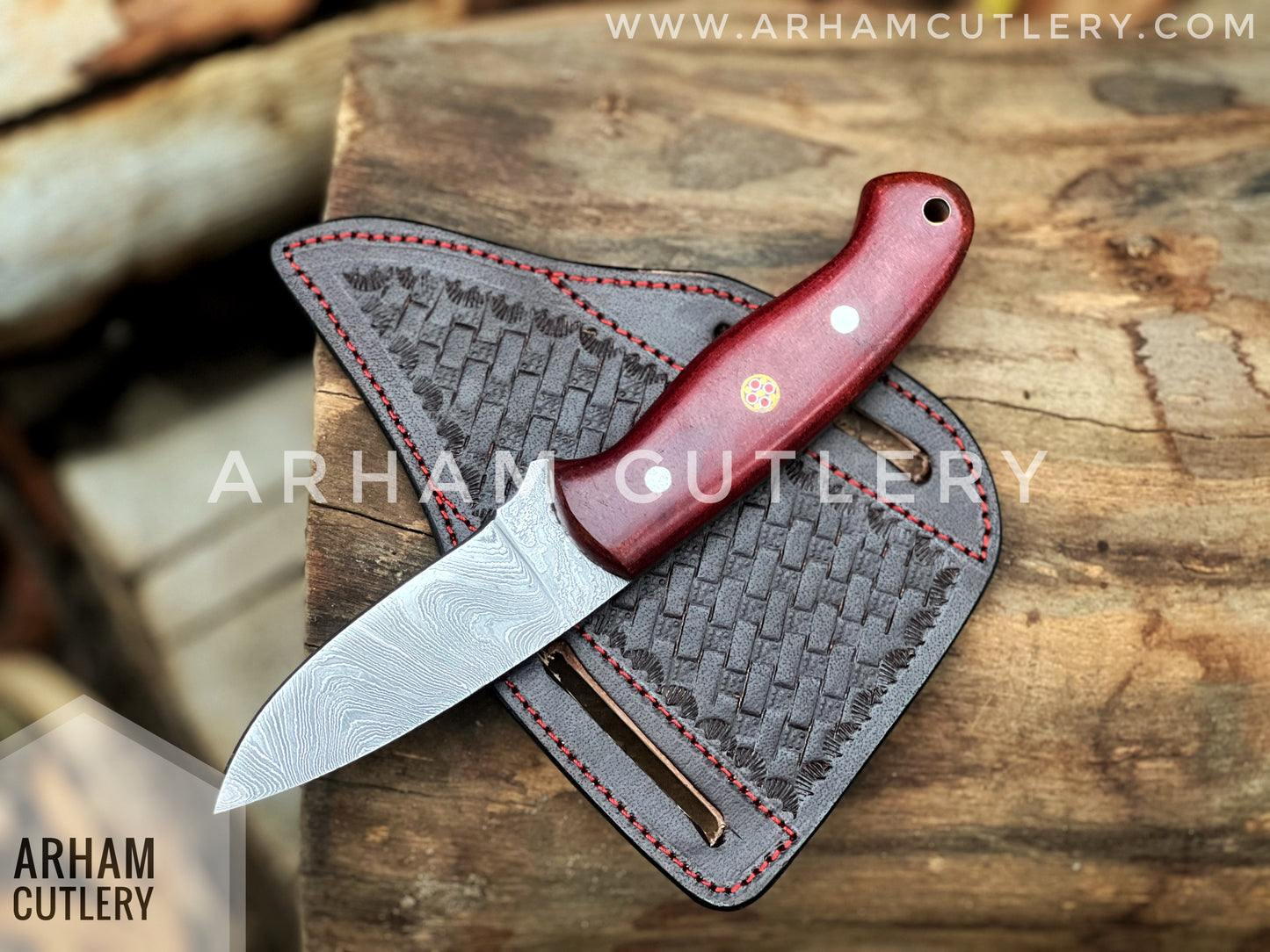 Aurora Handmade Damascus Steel EDC Knife with Leather Sheath Hand Forged ,Arham Cutlery