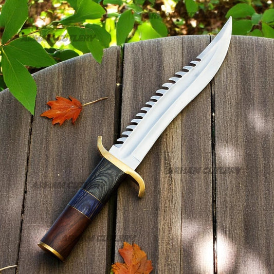 Close-up of handcrafted D2 steel bowie knife with ergonomic Micarta and wood handle – Arham Cutlery