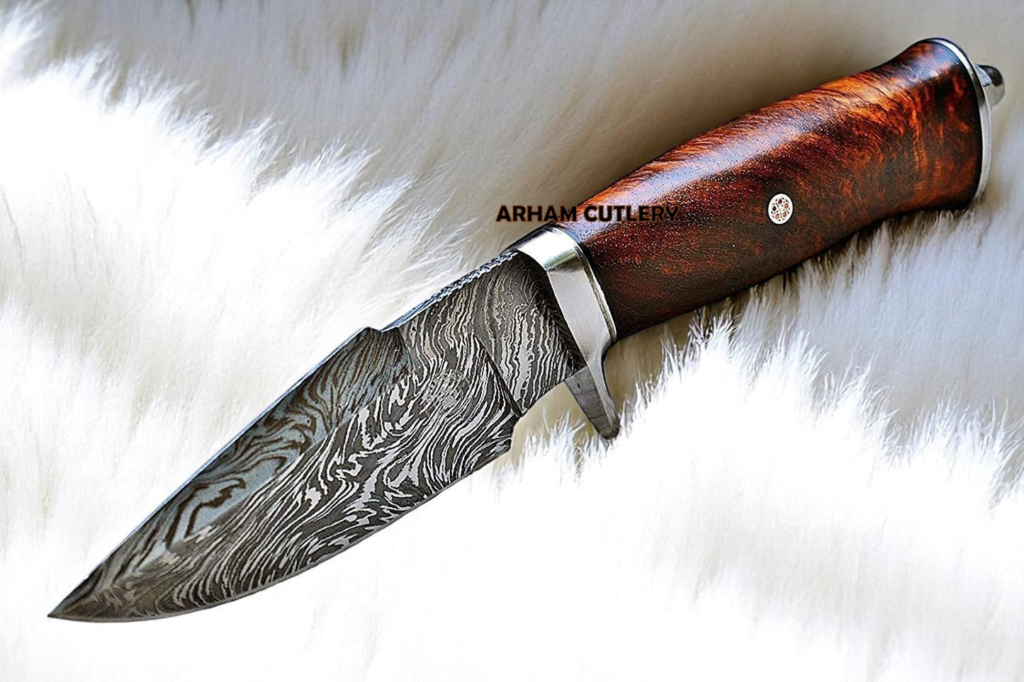 Handmade Damascus steel hunting knife with walnut wood handle and leather sheath – Arham Cutlery