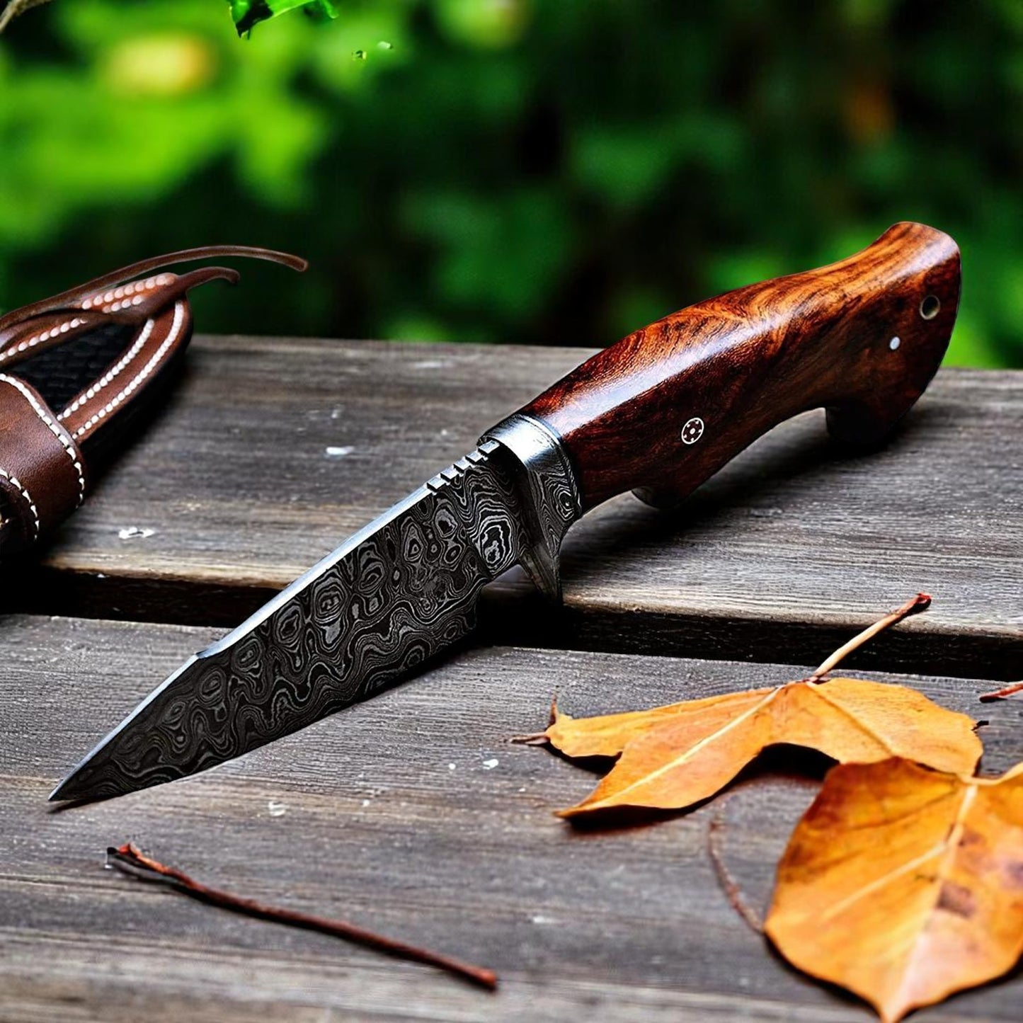 Handmade 10-inch Damascus steel knife with rose wood handle and leather sheath by Arham Cutlery