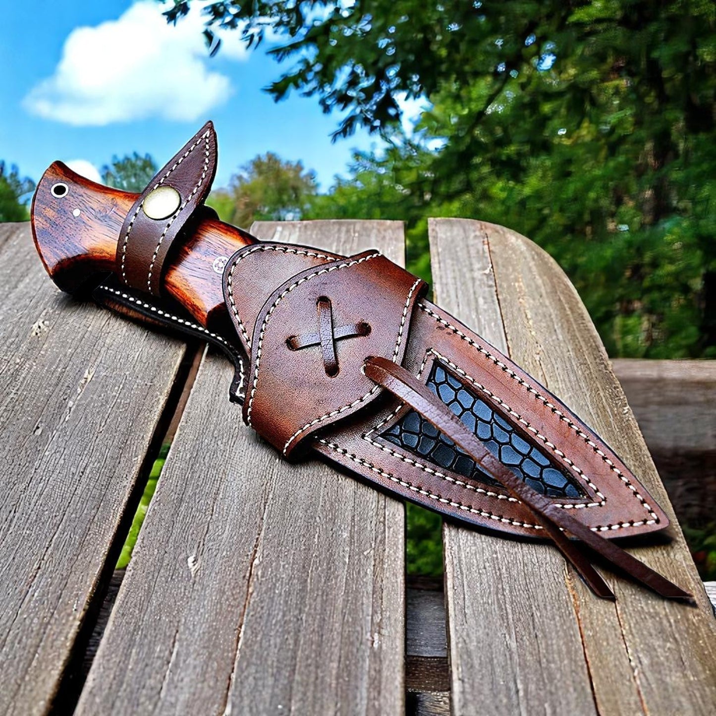 Handmade 10-inch Damascus steel knife with rose wood handle and leather sheath by Arham Cutlery