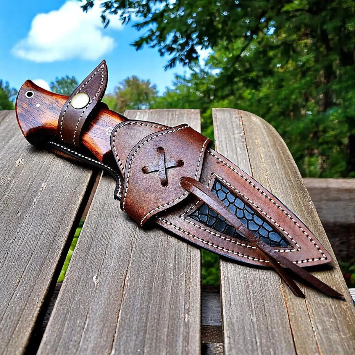 Handmade 10-inch Damascus steel knife with rose wood handle and leather sheath by Arham Cutlery