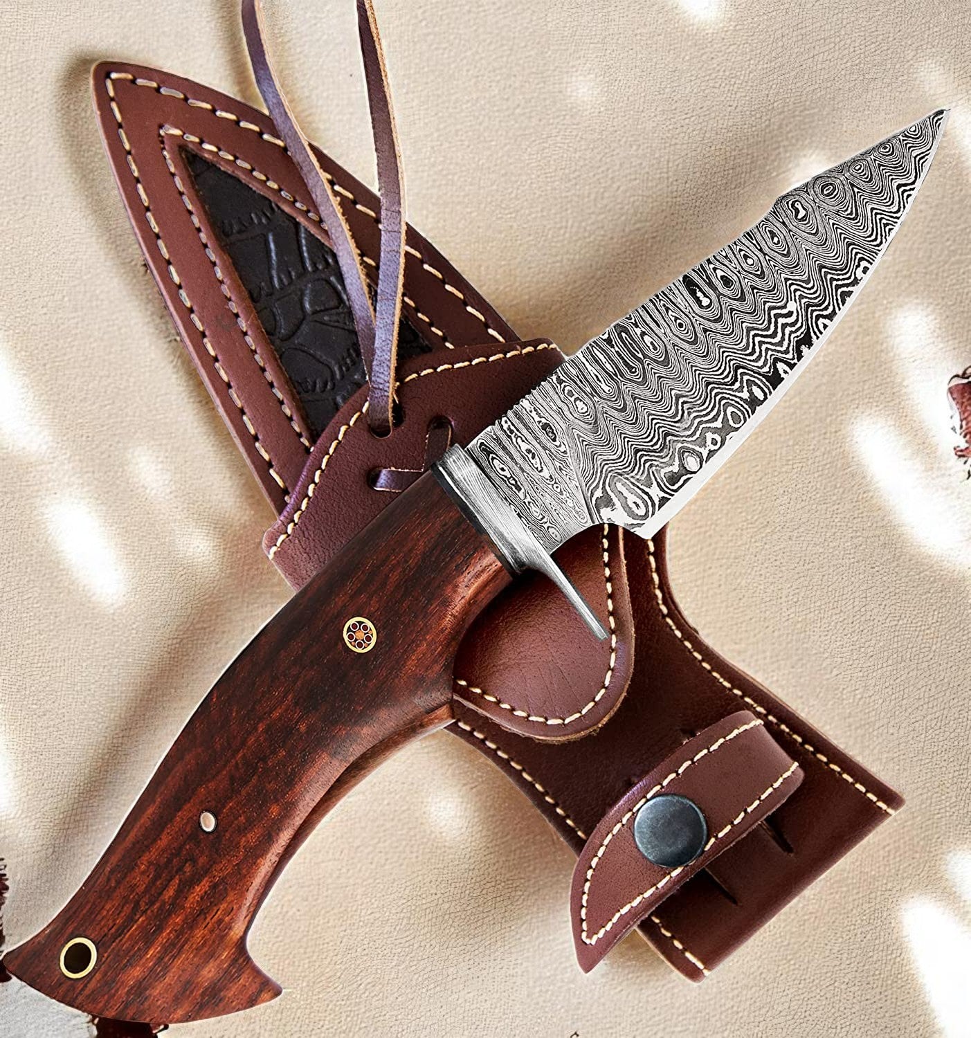Handmade 10-inch Damascus steel knife with rose wood handle and leather sheath by Arham Cutlery
