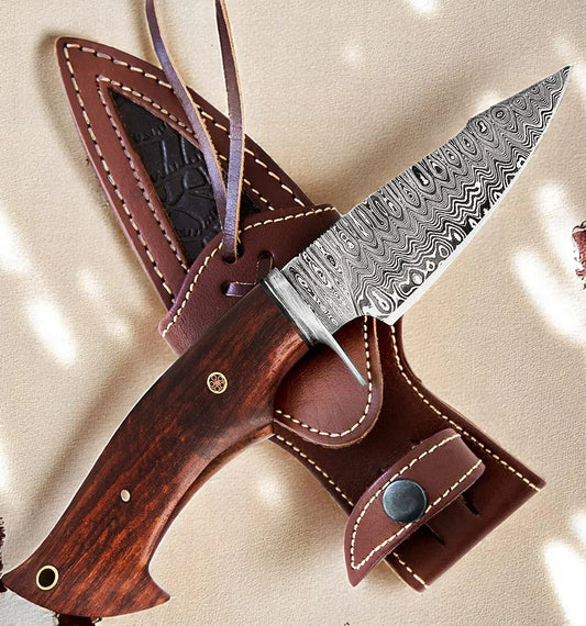 Handmade 10-inch Damascus steel knife with rose wood handle and leather sheath by Arham Cutlery