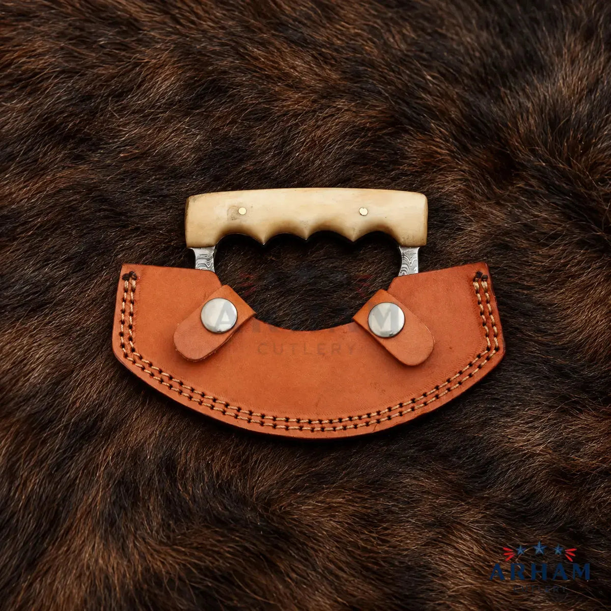 Horncrest Ulu™ Handmade Damascus Ulu Knife with Camel Bone Handle Arham Cutlery