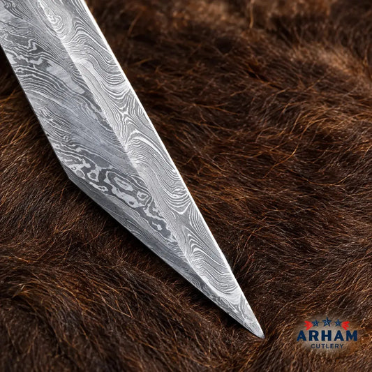 Goatskin Raven Viking Seax Knife – Damascus Steel & Wood Handle Arham Cutlery