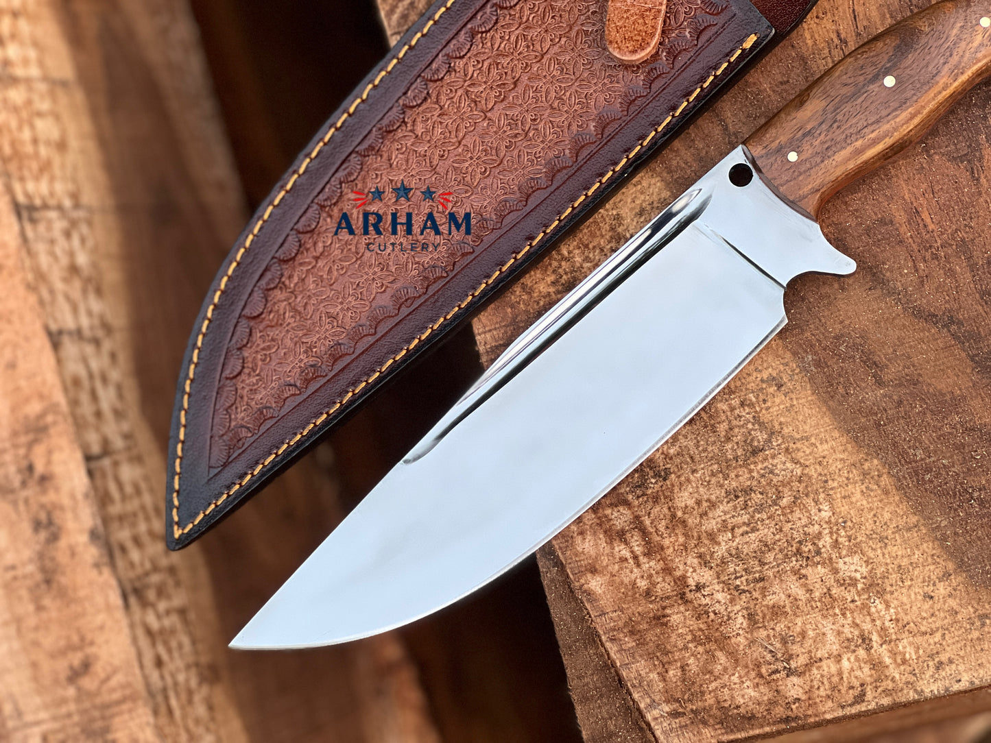 Premium 13" Handmade Hunting Knife – D2 Tool Steel, Rosewood Handle, Leather Sheath