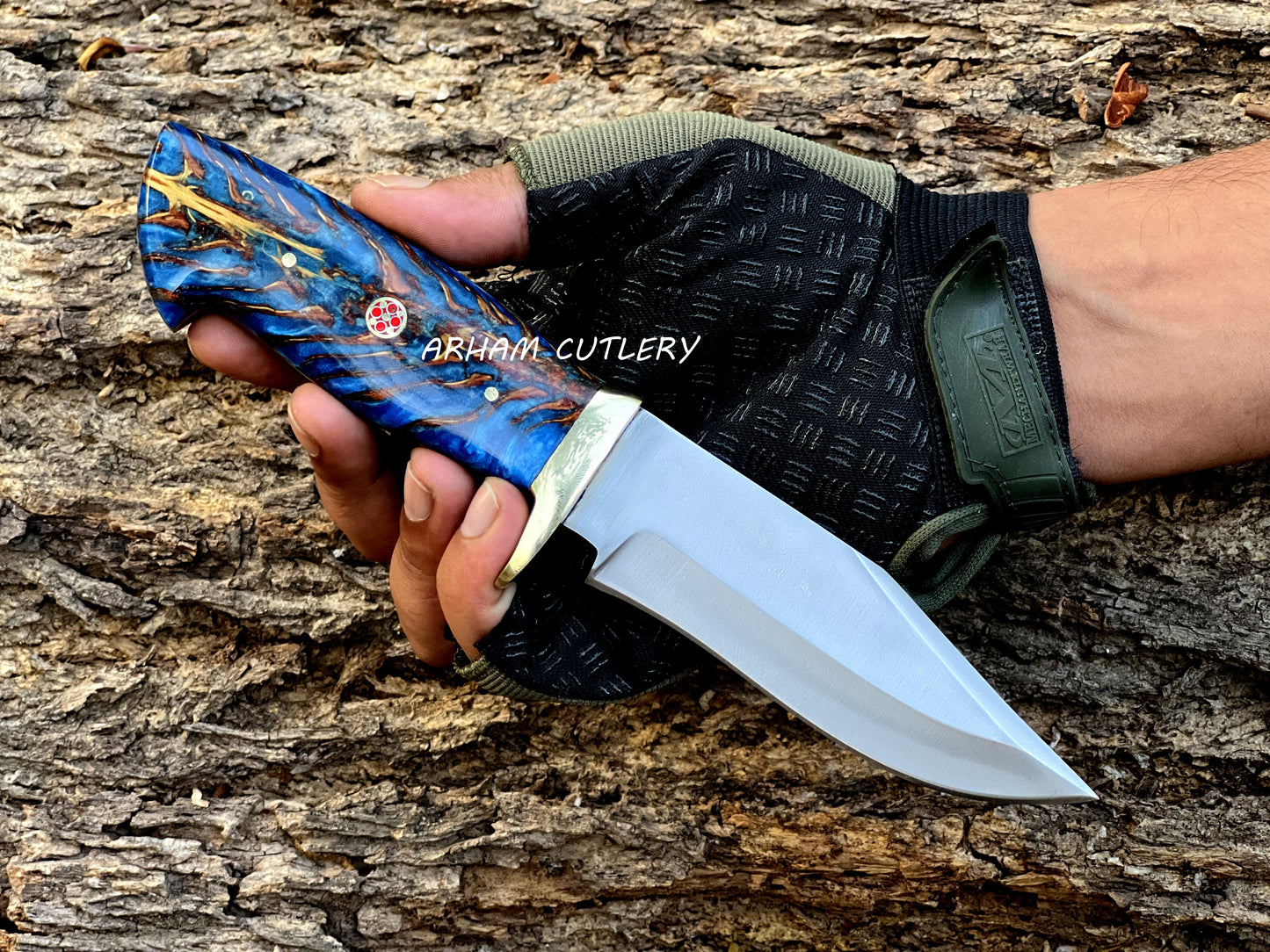 Handmade D2 steel knife with pine cone resin handle and brass guard, paired with a black leather sheath – Arham Cutlery