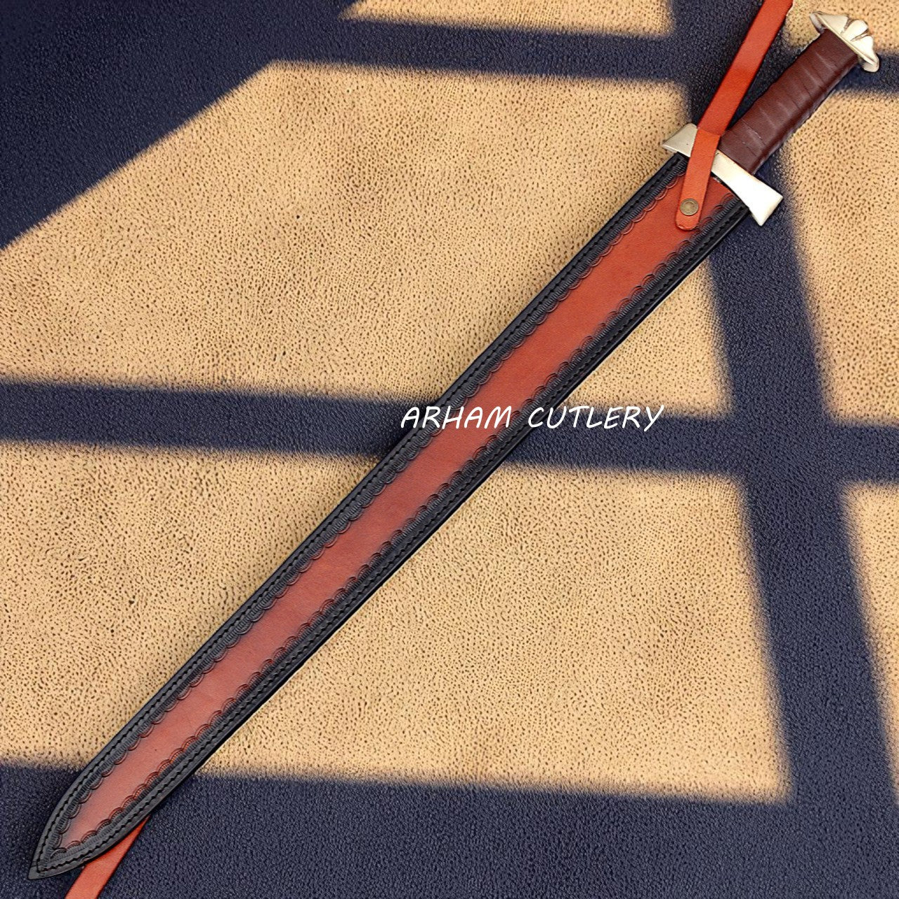 Golden High Strike Damascus Viking Sword with Leather Sheath