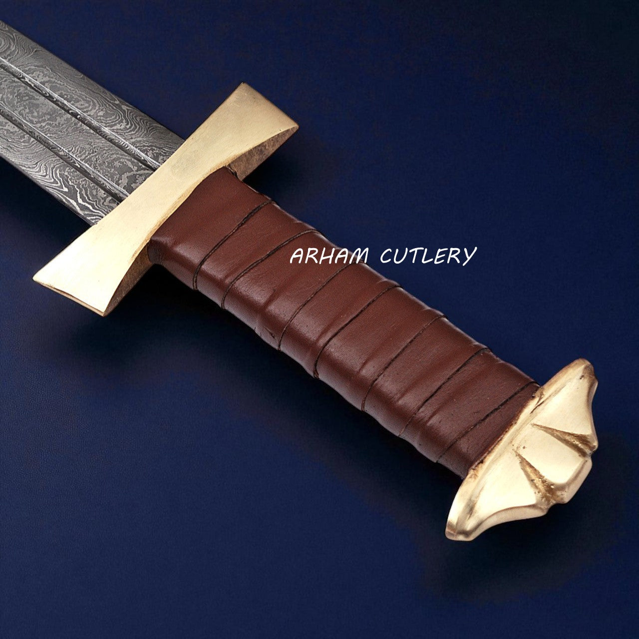 Golden High Strike Damascus Viking Sword with Leather Sheath