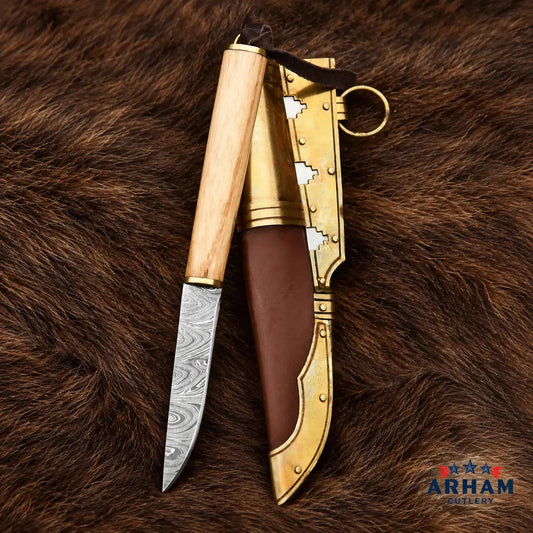 Gotland Raven Viking Knife – Damascus Steel & Wood Handle Arham Cutlery