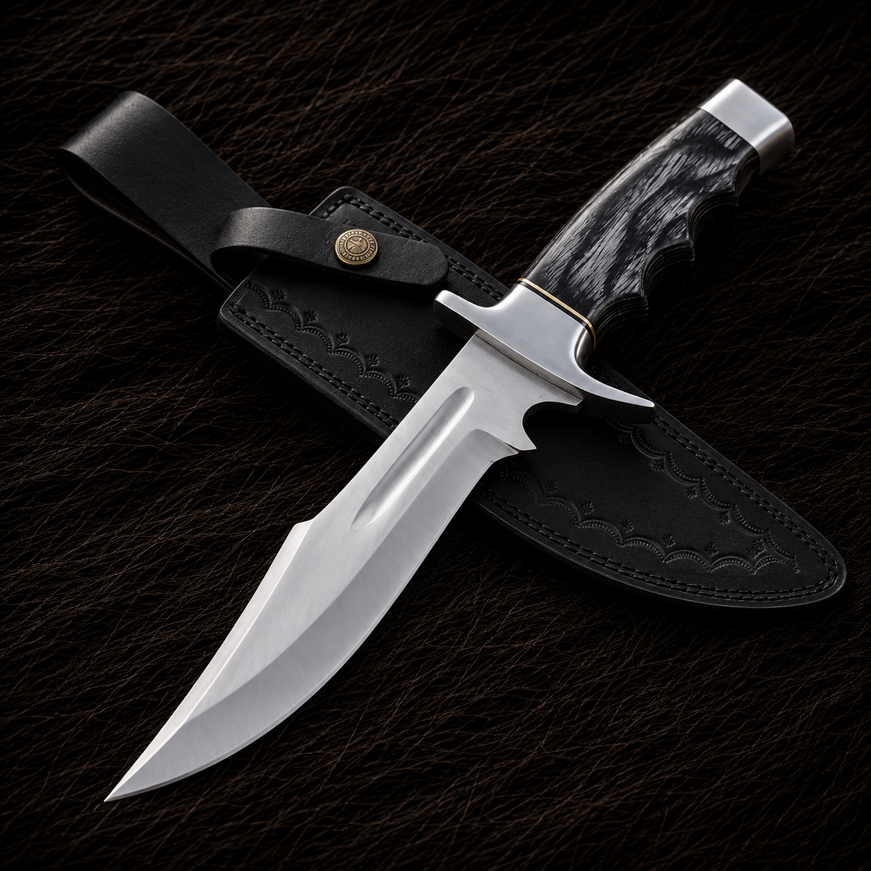 A fixed-blade knife with a polished silver blade, textured black handle, and silver-toned guard, shown resting on a black leather sheath against a dark textured background.