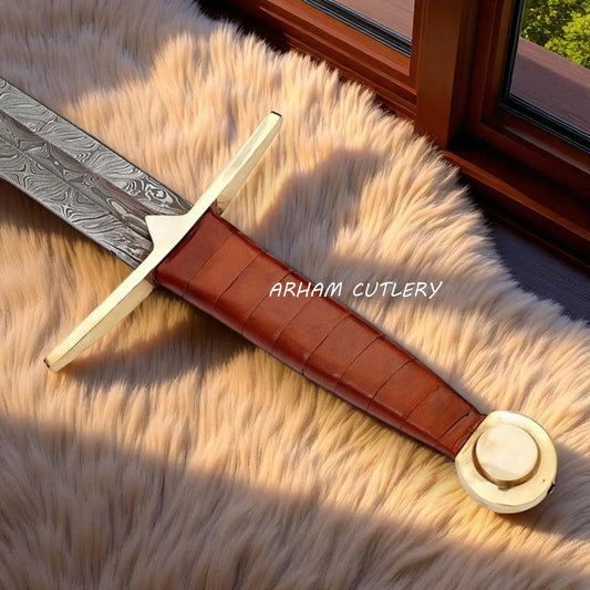 Wolfskin Raider Damascus Viking Sword with Leather Sheath