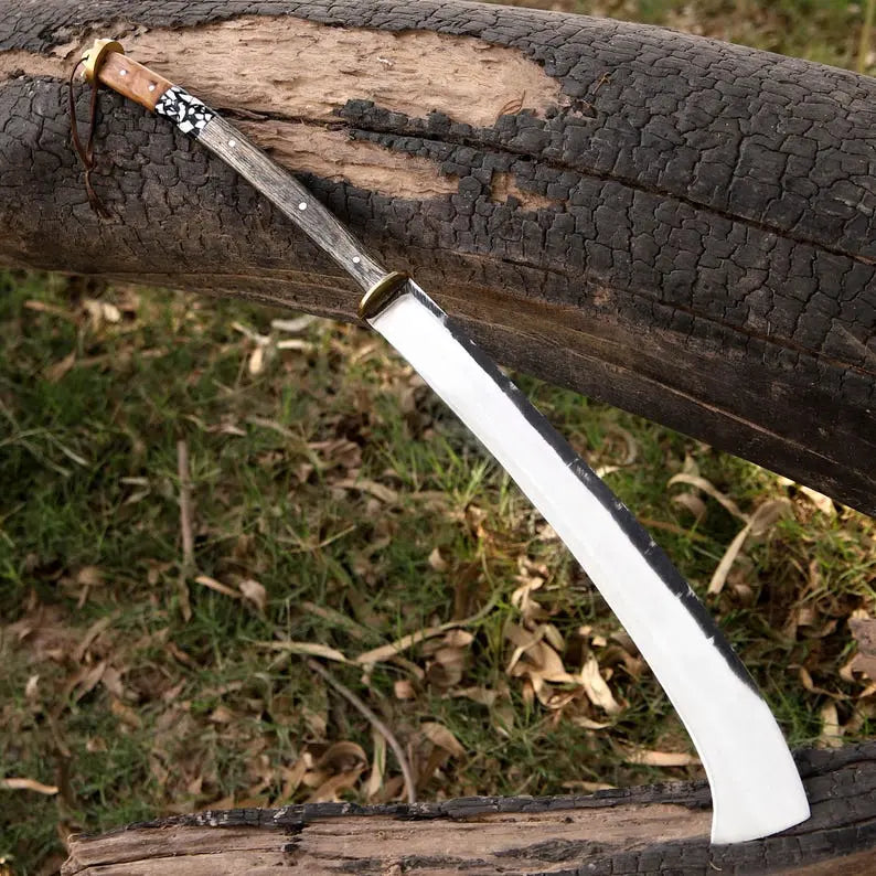 Handcrafted J2 Steel Jungle Machete – Full Tang Curved Blade with Wood & Resin Handle and Leather Sheath | Arham Cutlery - Arham Cutlery
