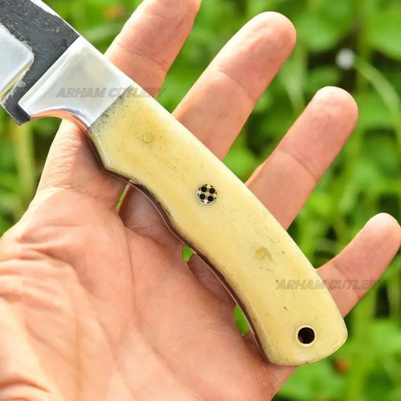 Handmade 1095 steel hunting knife with camel bone handle and steel bolster by Arham Cutlery