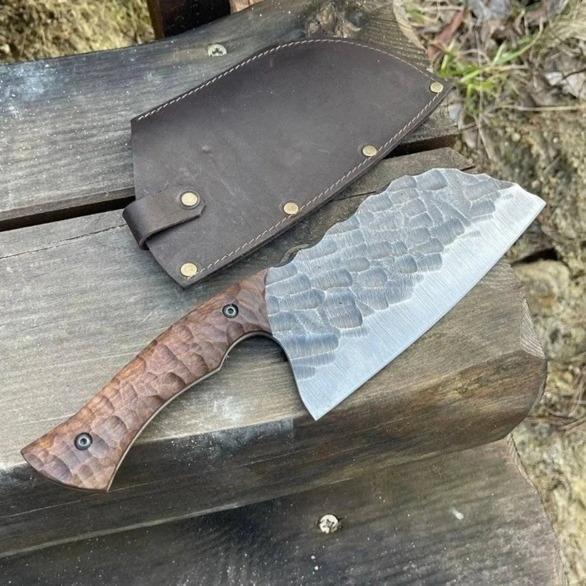 Handmade 5160 Carbon Steel Cleaver Knife with Textured Wood Handle & Leather Sheath | Arham Cutlery - Arham Cutlery