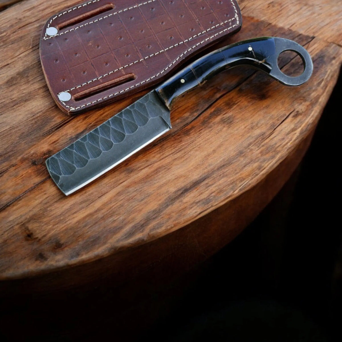 Handmade Bull Cutter Knife – High Carbon Steel Blade with Resin Handle & Leather Sheath - Arham Cutlery