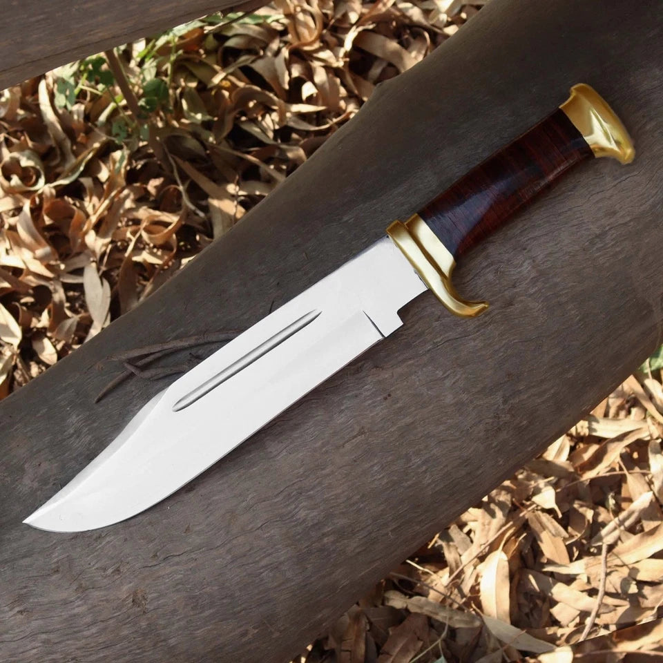 Handmade Carbon Steel Bowie Hunting Knife – Classic Wood Handle with Leather Sheath | Arham Cutlery