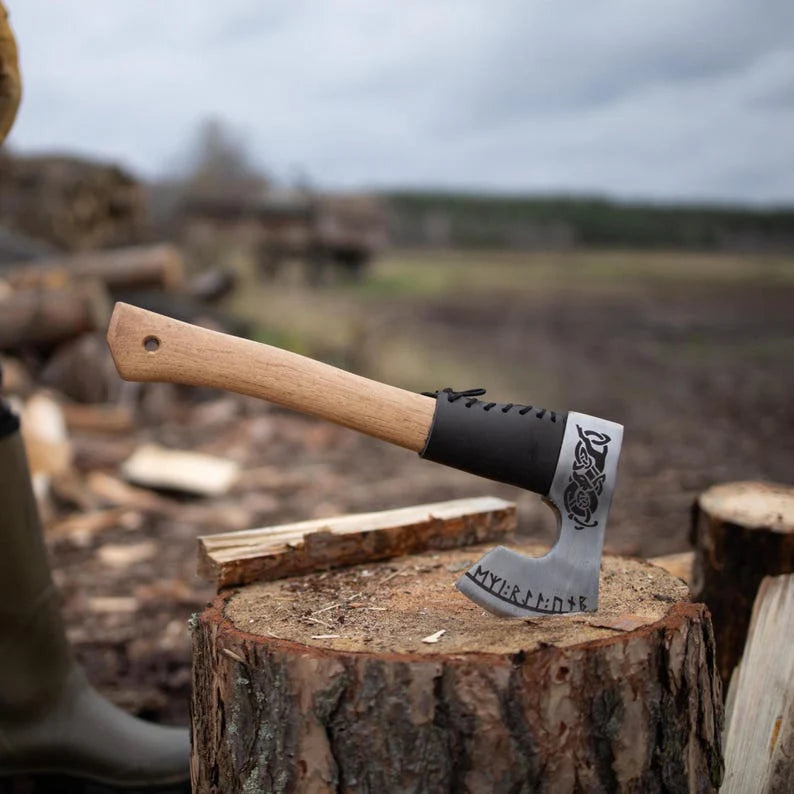 Compact Bearded Camp Axe – Handmade 1060 Carbon Steel Hatchet with Ash Wood Handle Arham Cutlery
