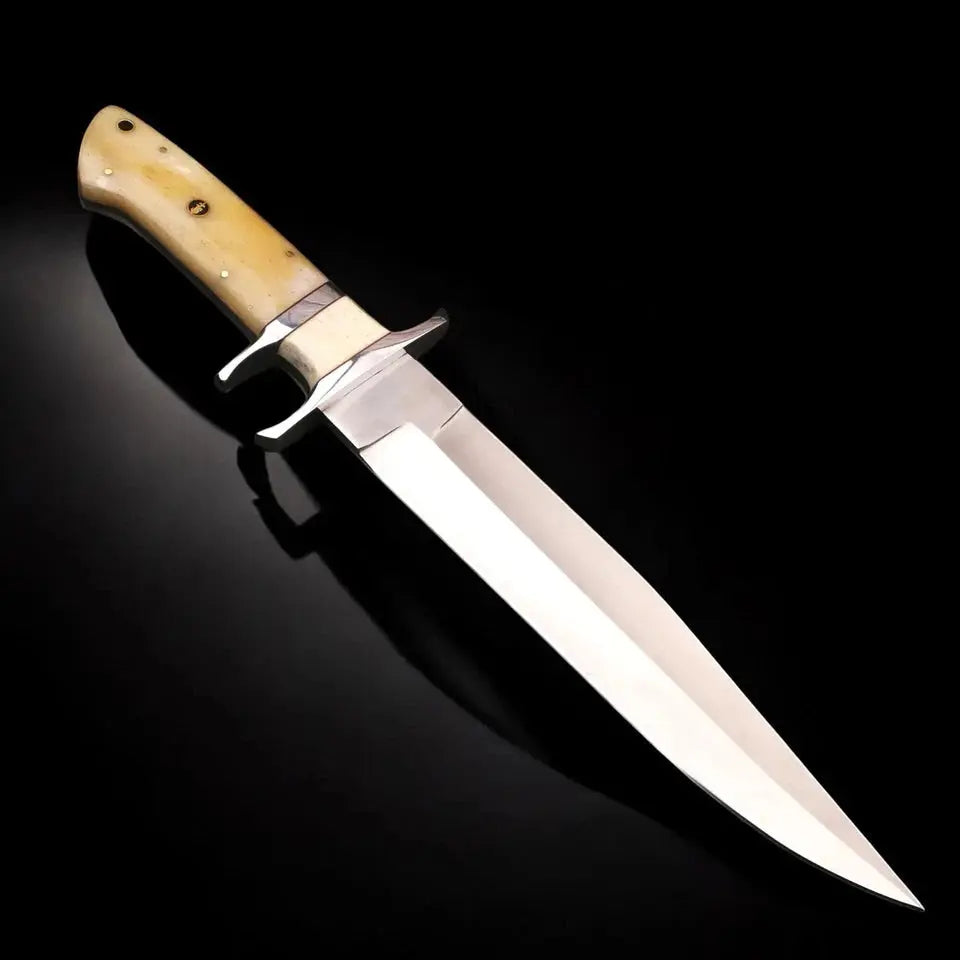 Handmade D2 Steel Bowie Knife – Full Tang Camel Bone Handle with Leather Sheath | Arham Cutlery - Arham Cutlery