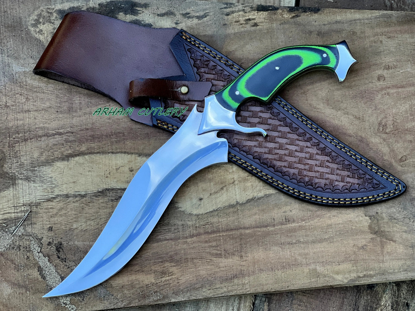 Handmade D2 Steel Hunting Knife | 15.5" Bowie Knife with Micarta Handle & Leather Sheath | Fixed Blade Collector Knife - Arham Cutlery