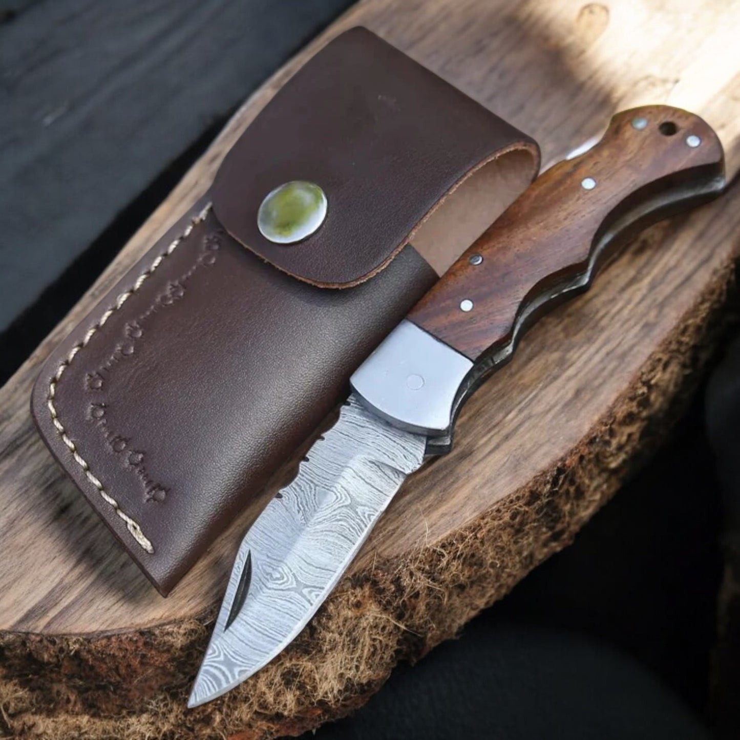 Handmade Damascus Back Lock Pocket Knife 6.5” with Dark Wood Handle & Leather Sheath | Arham Cutlery