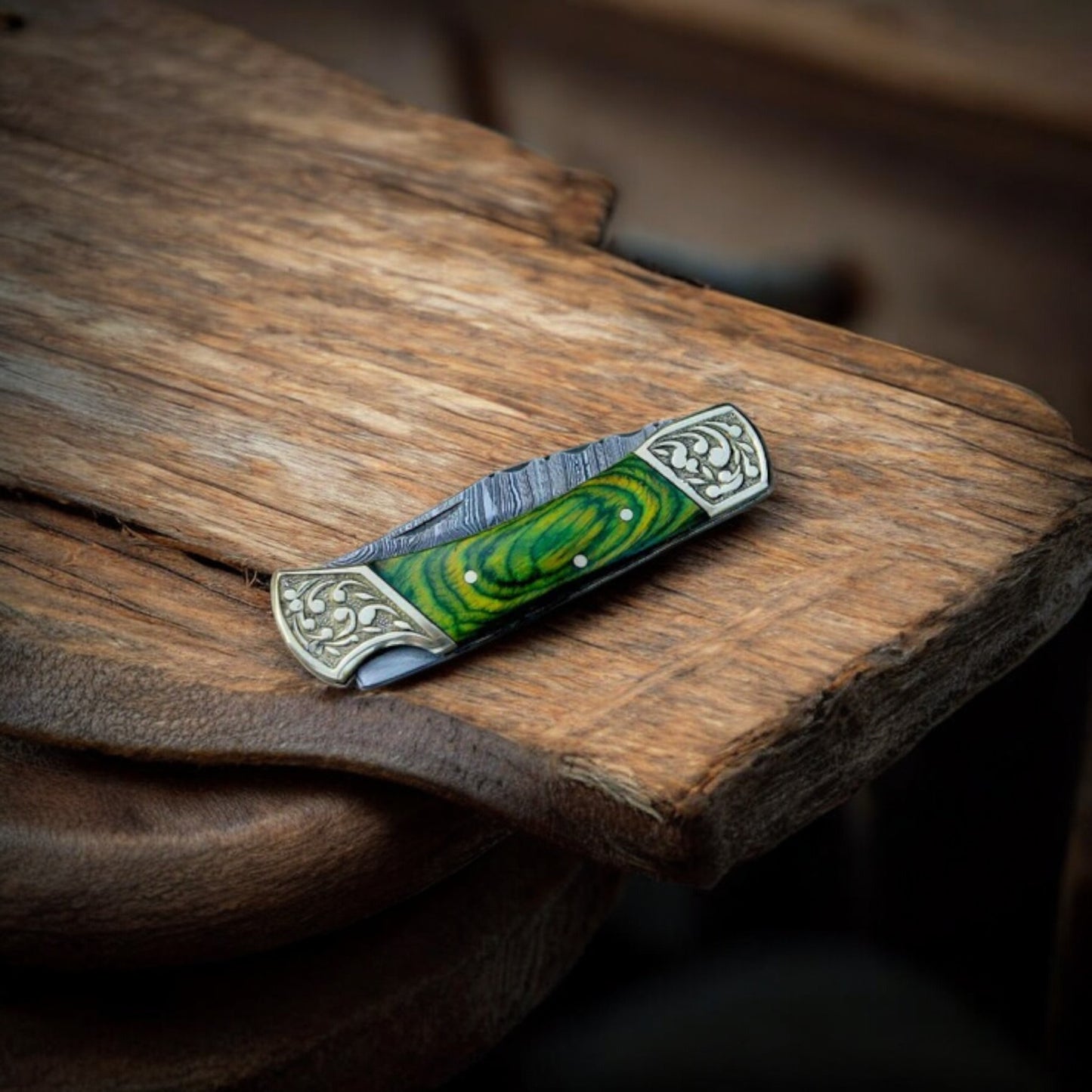 Handmade Damascus Folding Pocket Knife with Exotic Wood Handle & Leather Case | Arham Cutlery