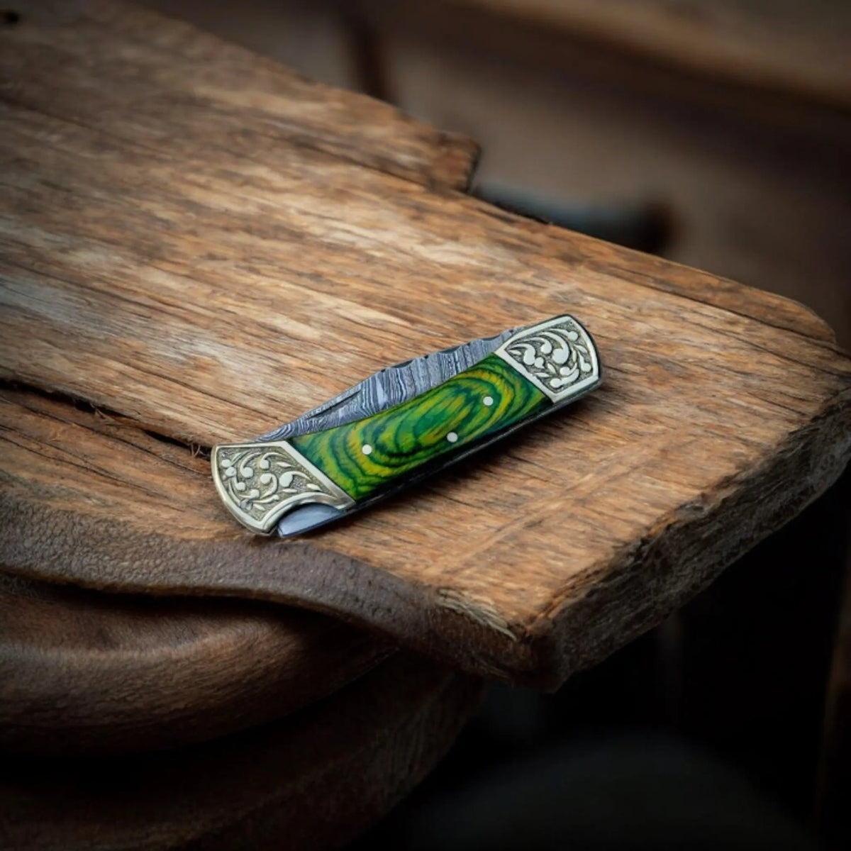 Handmade Damascus Folding Pocket Knife with Exotic Wood Handle & Leather Case | Arham Cutlery - Arham Cutlery