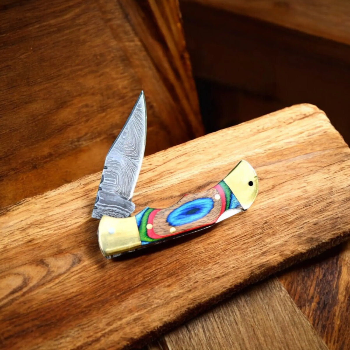 Handmade Damascus Folding Pocket Knife with Multicolor Wood Handle & Brass Bolsters | Arham Cutlery - Arham Cutlery