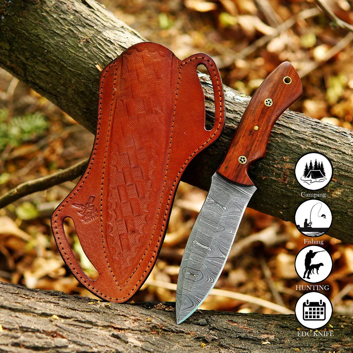 Handmade Damascus Steel Skinner Knife with Wood Handle & Leather Sheath | Hunting & Camping Knife